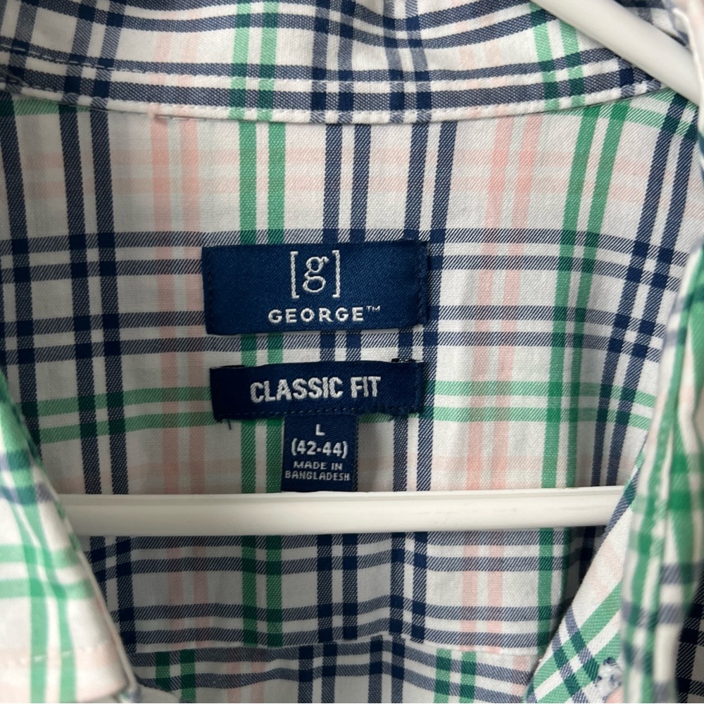 George- Men’s Short Sleeve Button Down- White Pink Green Plaid- Large - Picture 2 of 9